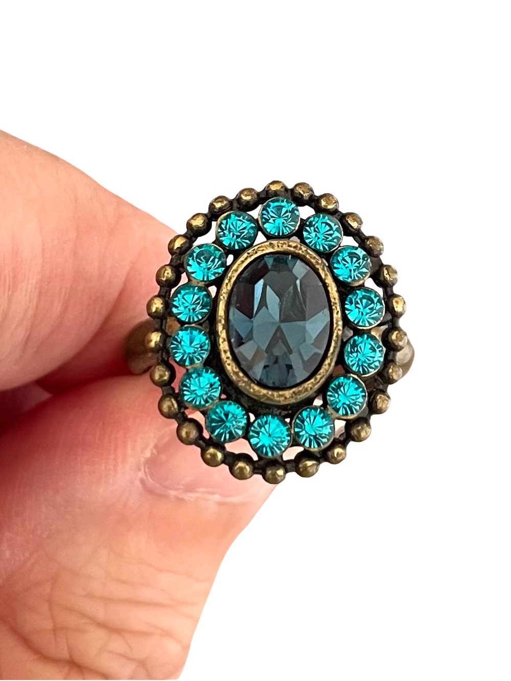 Vintage Blue And Turquoise Glass Rhinestone Adjustable Cocktail Ring